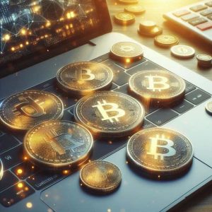 crypto currency coins floating over a laptop