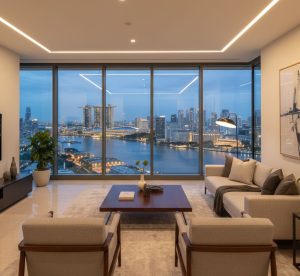 A contemporary Singapore riverfront luxury condo interior featuring an elegant living space with floor-to-ceiling windows overlooking the Singapore River at dusk, modern furniture, warm ambient lighting, and a sleek architectural aesthetic showcasing an open “River Modern floorplan.